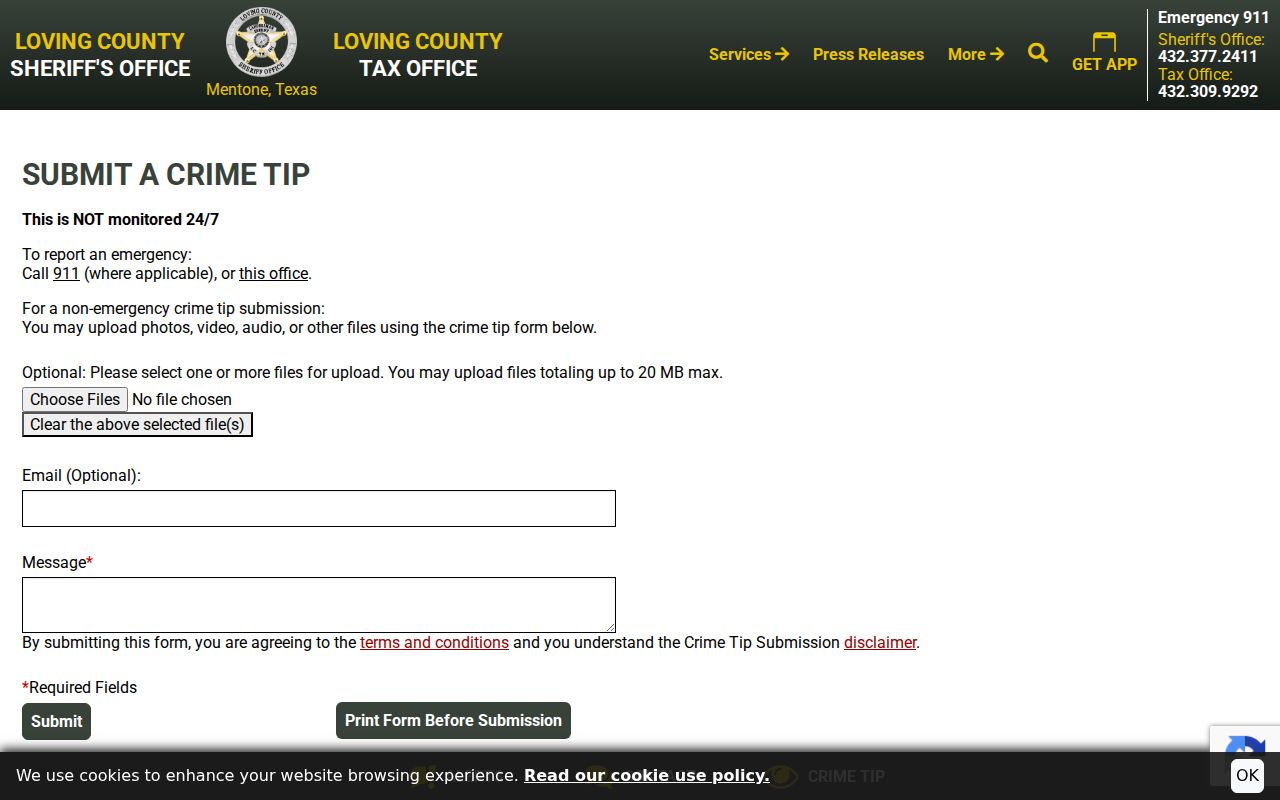 Loving County most wanted warrant information: official general non-emergency tip form, not a roster