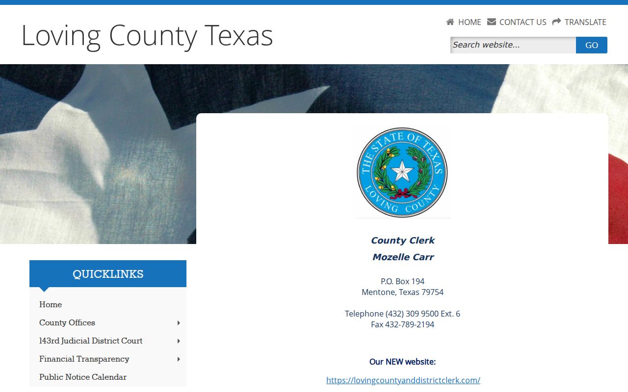 Loving County warrant records research: County Clerk contact and records page