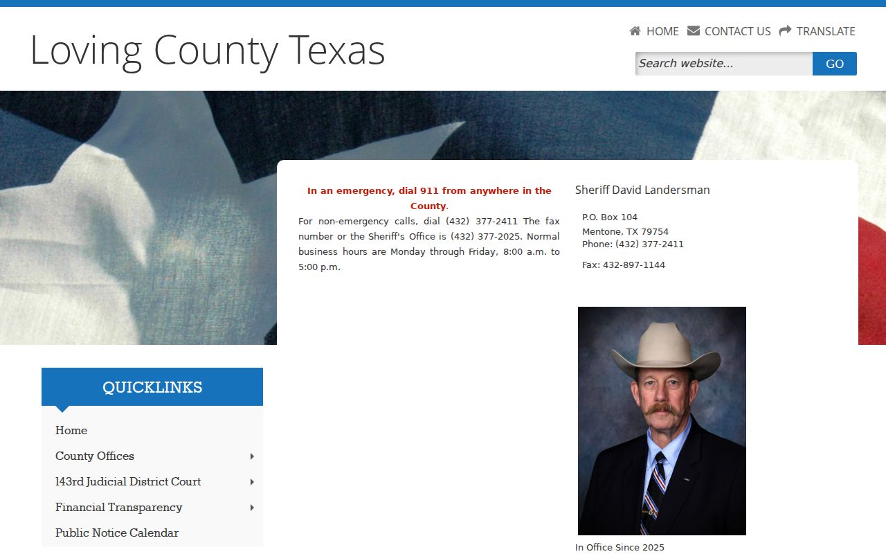 Loving County warrant search research: sheriff contact page, not a warrant list