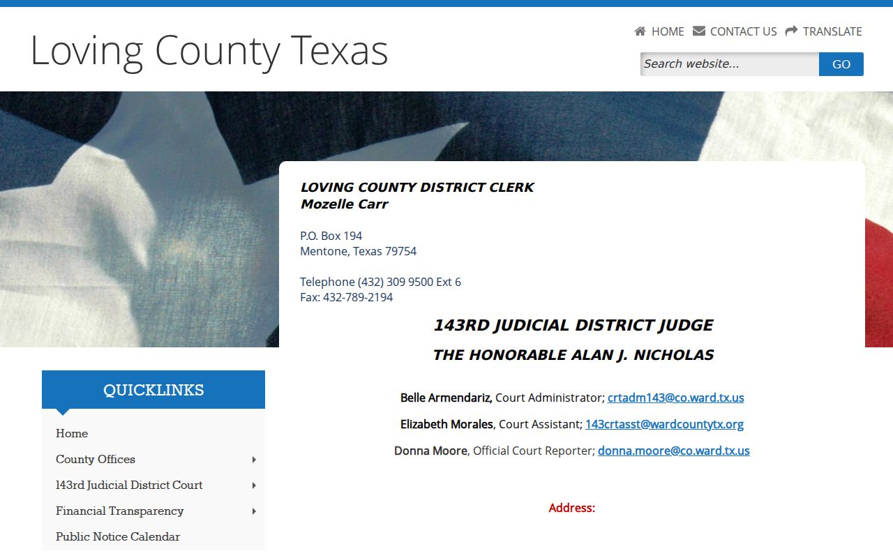 Loving County arrest warrant records research: District Clerk and 143rd District Court contact