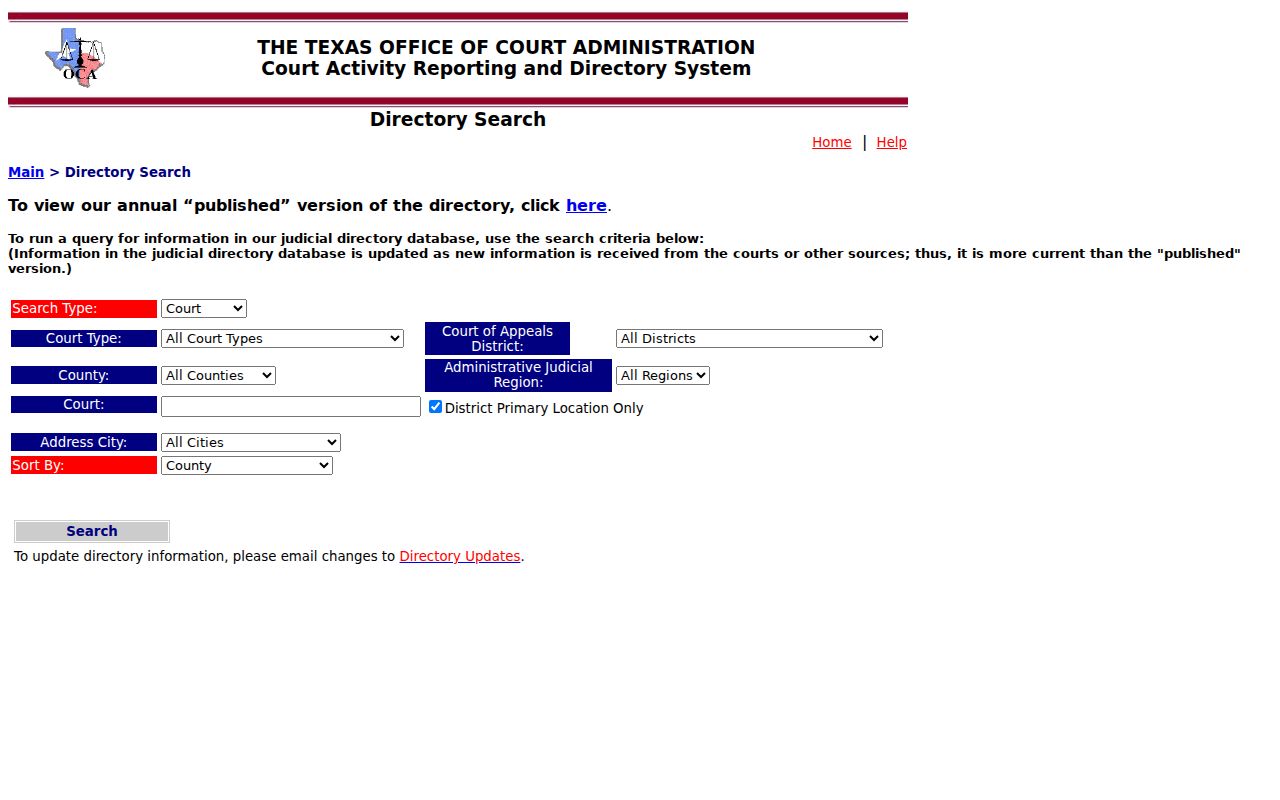Loving County municipal warrant research: Texas judicial directory search controls