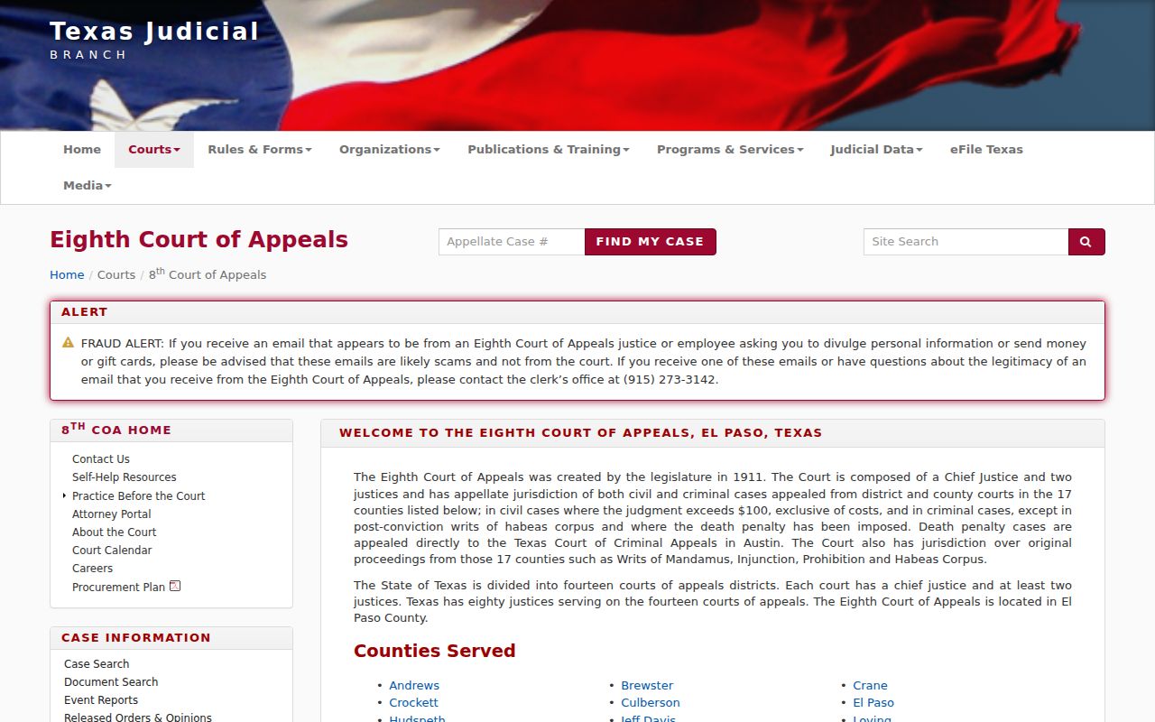 Loving County arrest warrant records research: Eighth Court of Appeals page, separate from trial-court status