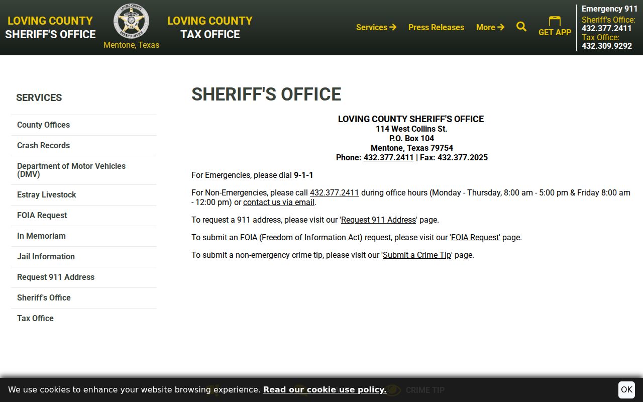 Loving County warrant records research: official sheriff office contact page